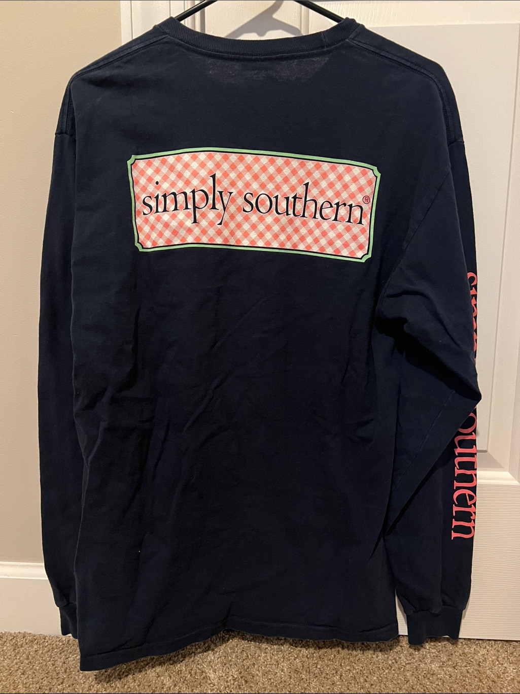 Simply Southern Navy Long Sleeve Shirt With Pink Gingham Logo
